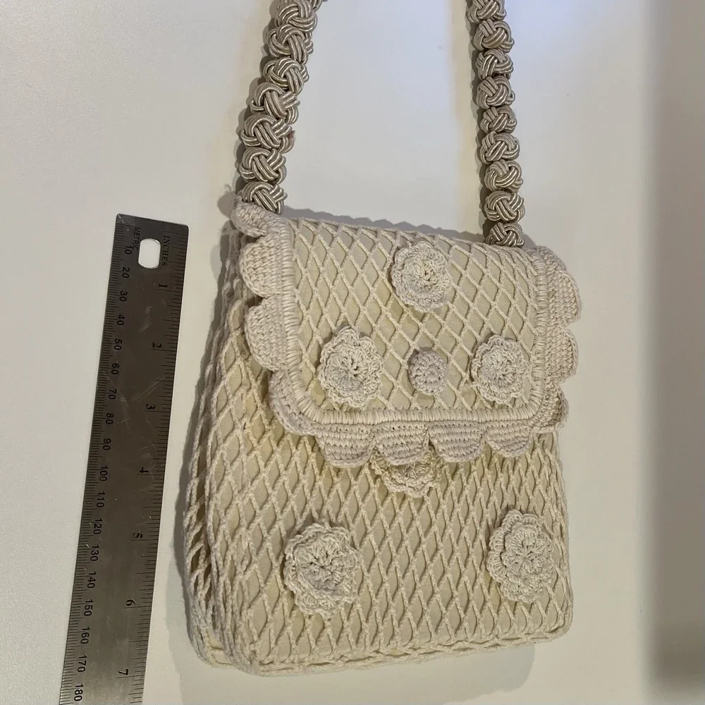 For Love & Lemons Romantic Coquette Knit Crochet Purse Cream Rosettes Cottage
